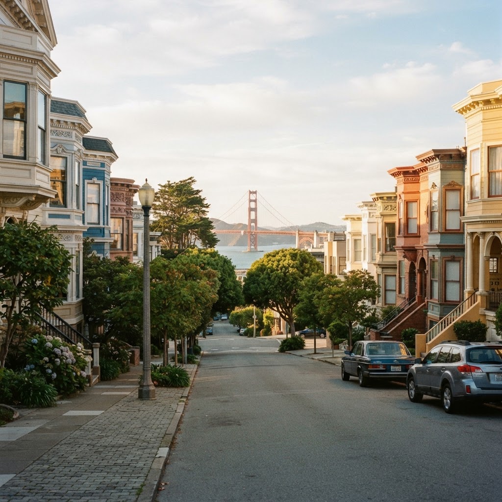 A quiet Pacific Heights street with Victorian homes and a glimpse of the Golden Gate Bridge