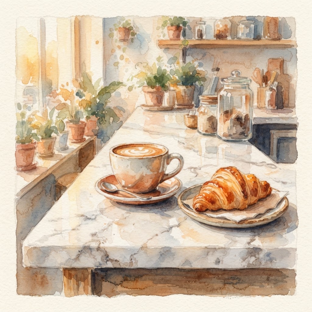 Watercolor still life of coffee and a pastry