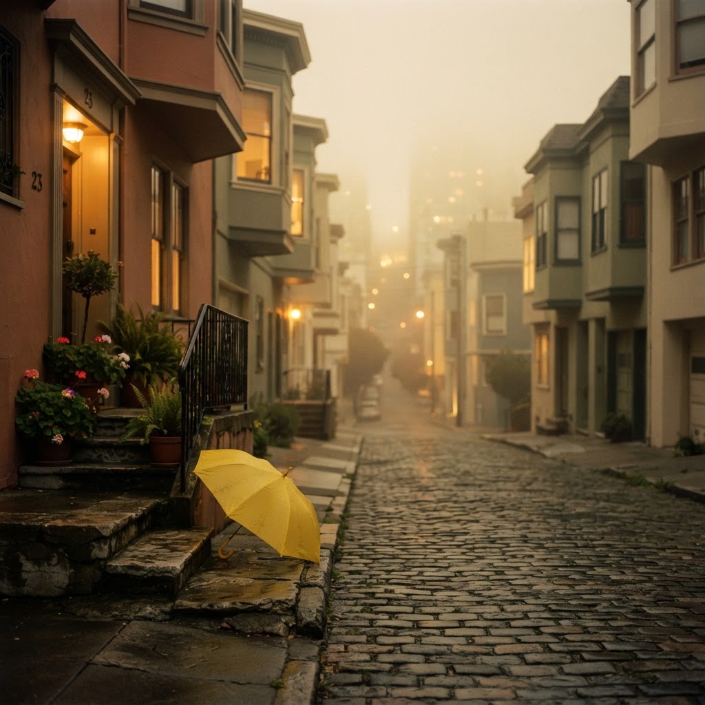 A quiet foggy San Francisco lane at dusk