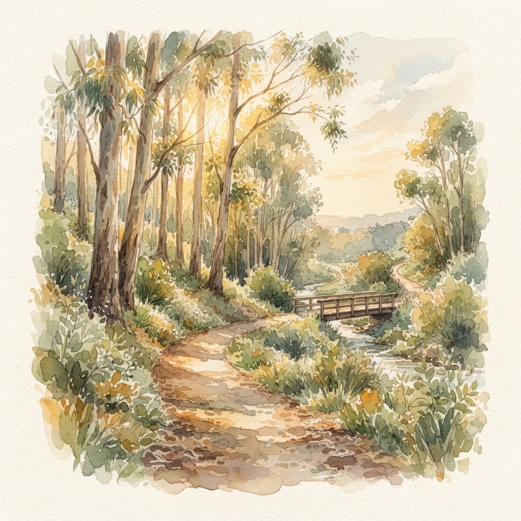 Watercolor illustration of a eucalyptus-lined path with a footbridge