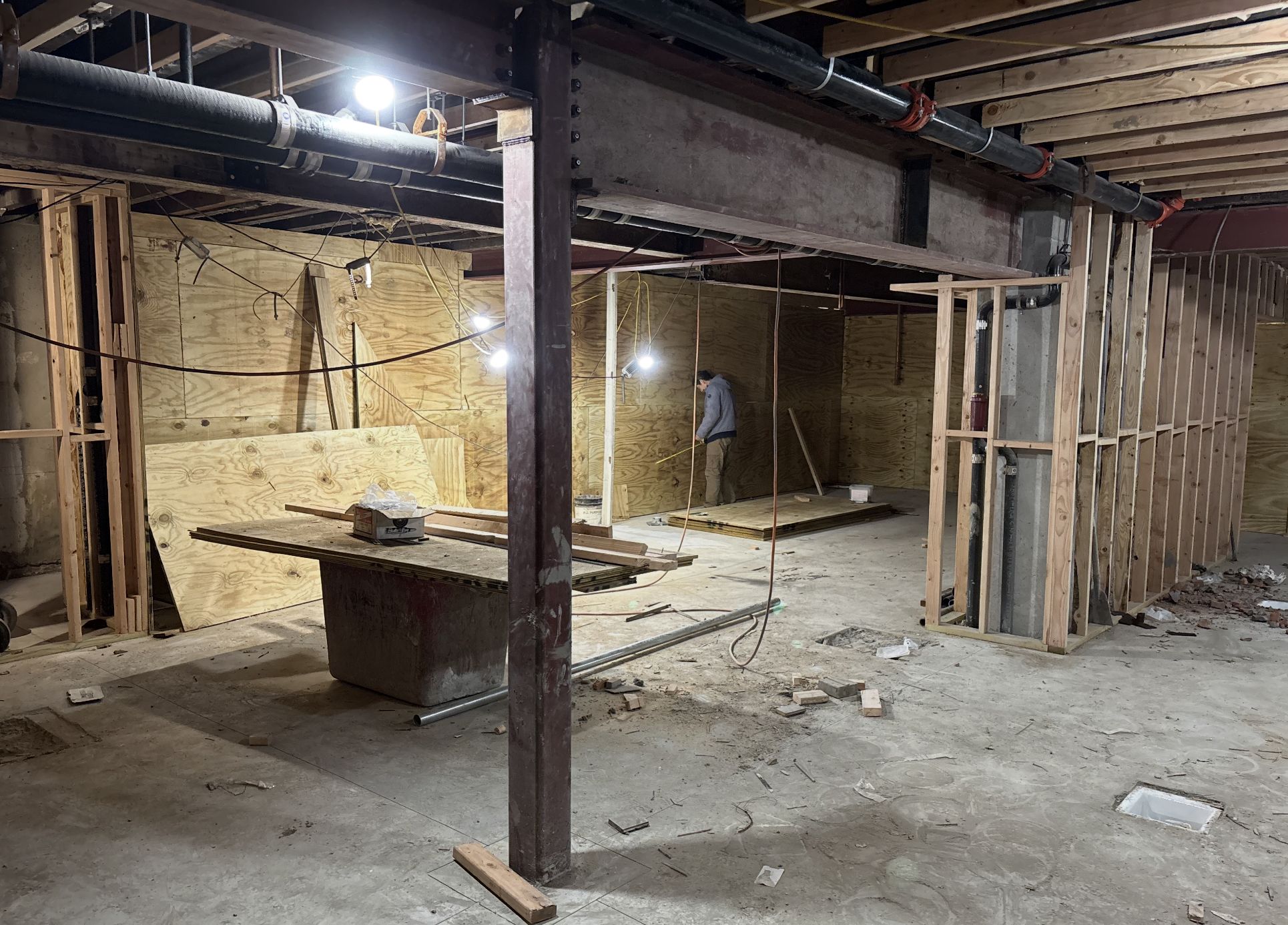 Interior framing with wood studs, plywood and steel columns during the restaurant build-out at the Seafire Grill 49th Street location in NYC