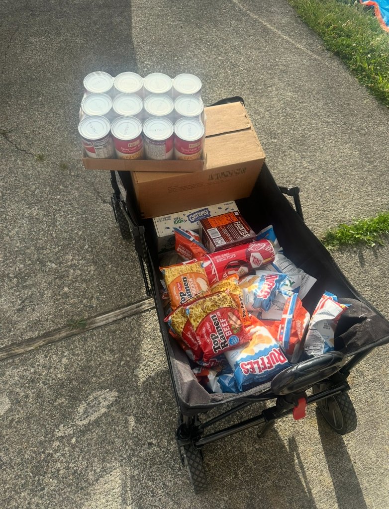 Utility wagon filled with assorted food donations