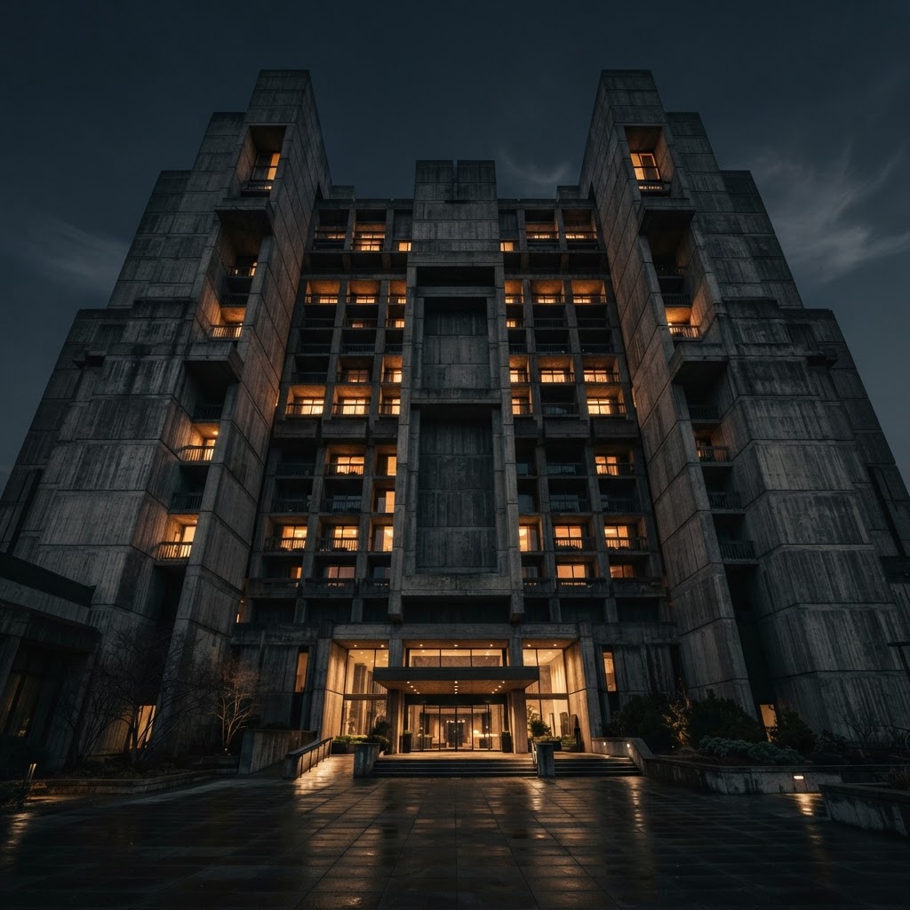 Brutalist luxury hotel facade at twilight