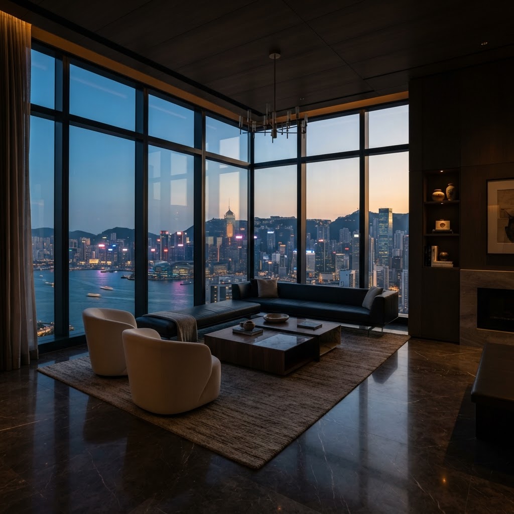 Luxury hotel penthouse overlooking a financial hub