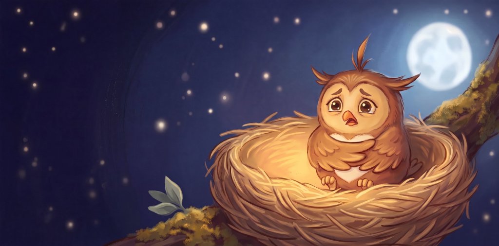 Bo the owlet alone in his nest under a full moon