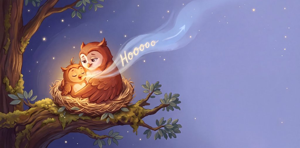 Mama Owl hugging Bo as the Hoooo breath rises into the sky