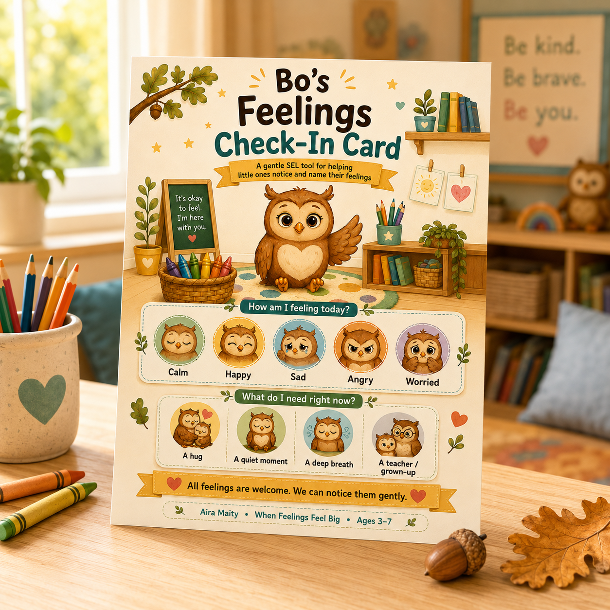 Bo's Feelings Check-In Card — a gentle SEL printable showing Bo the owl with emotion and support circles for young children