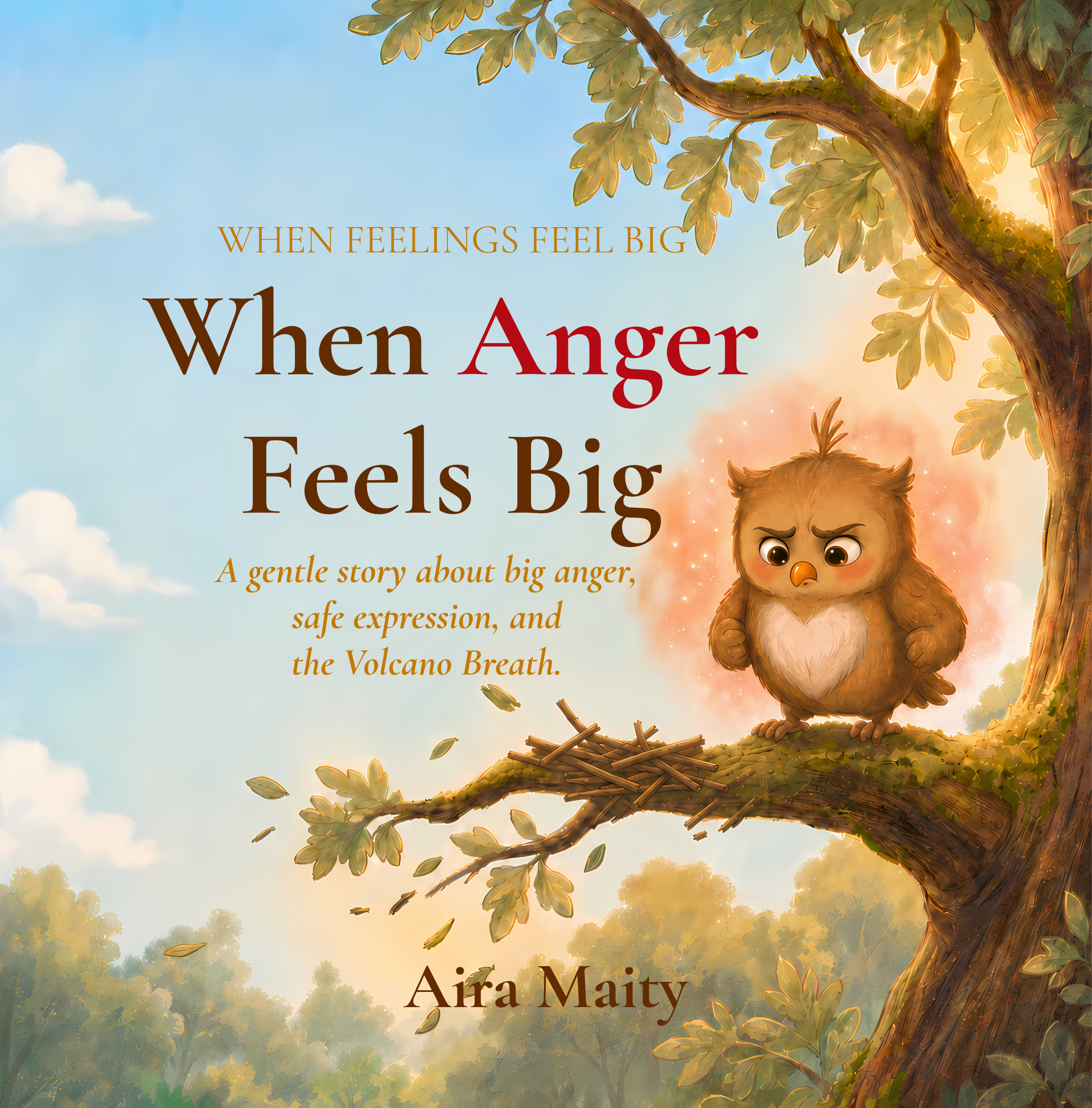 Book cover: When Anger Feels Big — Bo the owl with a warm coral aura