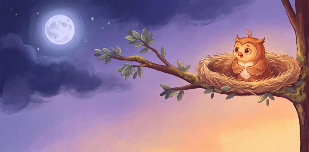Bo the owl in his nest under a moonlit sky at dusk