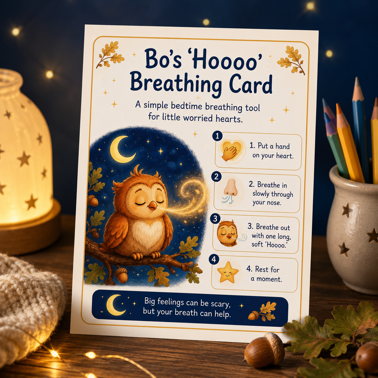 Bo's Hoooo Breathing Card — a simple bedtime breathing tool for little worried hearts
