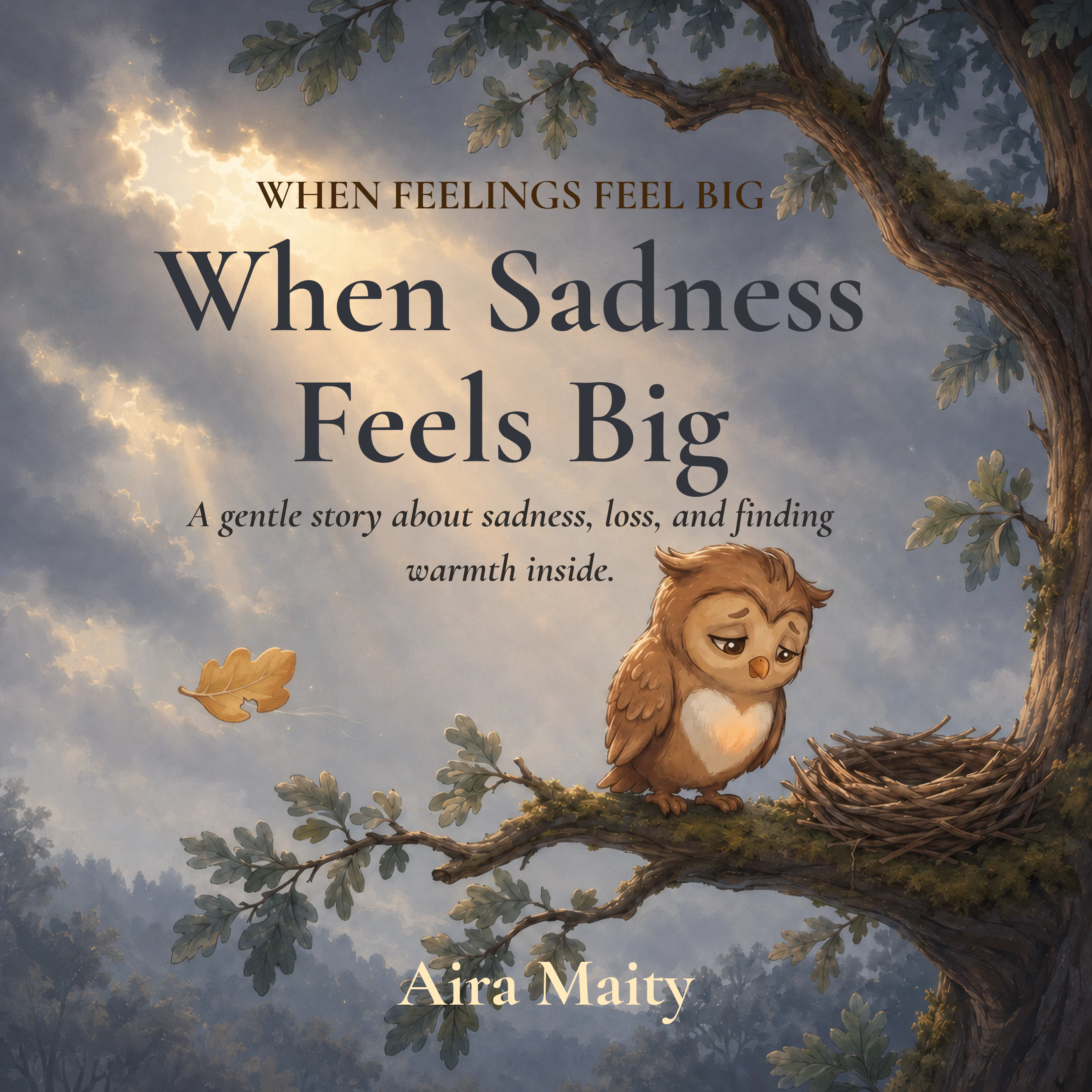 Book cover: When Sadness Feels Big — Bo the owl on a branch beside an empty nest