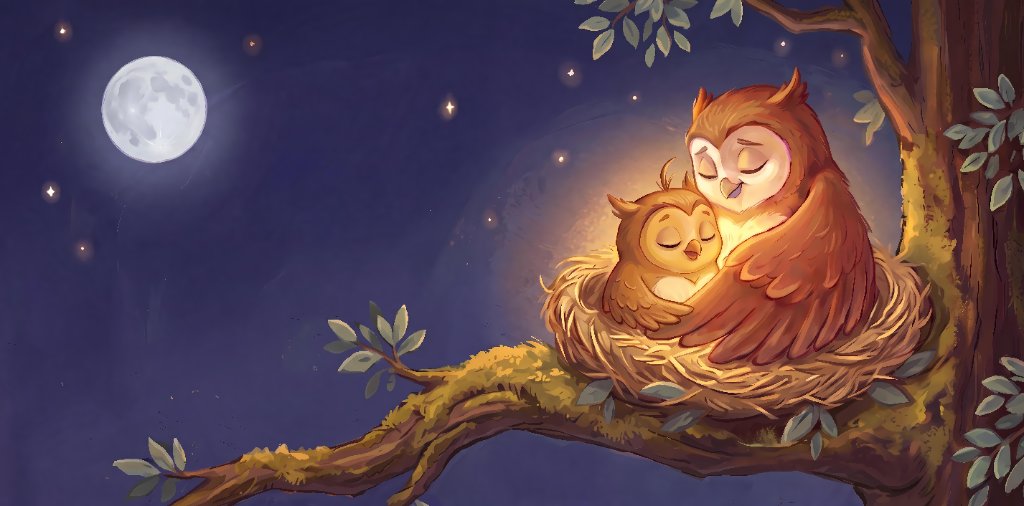 Mama Owl and Bo sleeping peacefully together in the nest under the moon