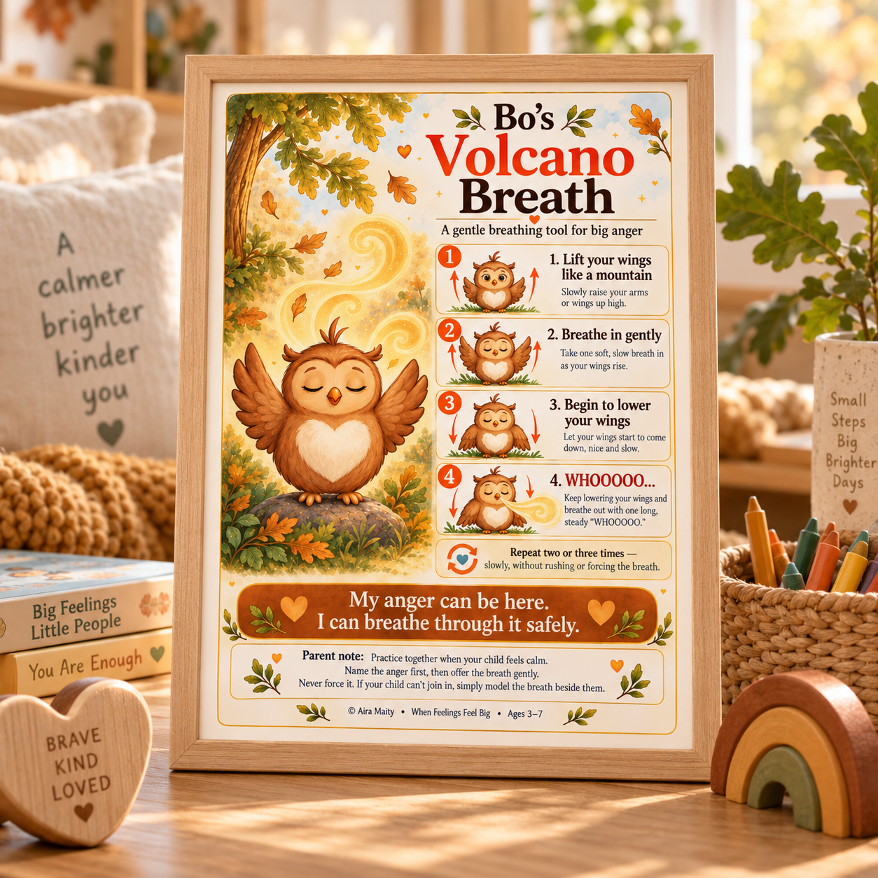 Bo's Volcano Breath printable displayed in a wooden frame in a warm children's calm corner, showing Bo the Owl and four gentle breathing steps for big anger.