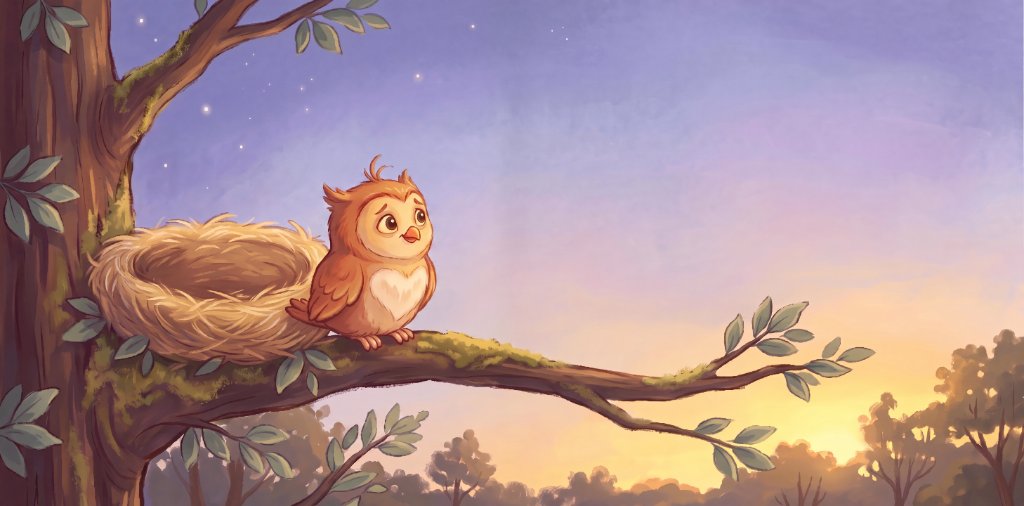Bo the owl awake on his branch at sunset beside an empty nest