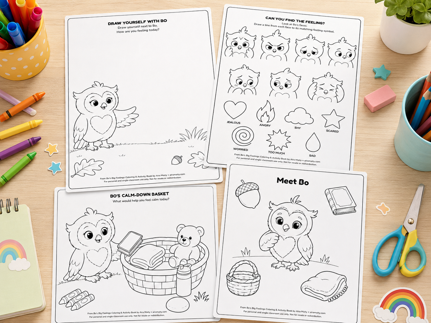 Four free Bo coloring and feelings activity printables arranged on a child-friendly craft table.