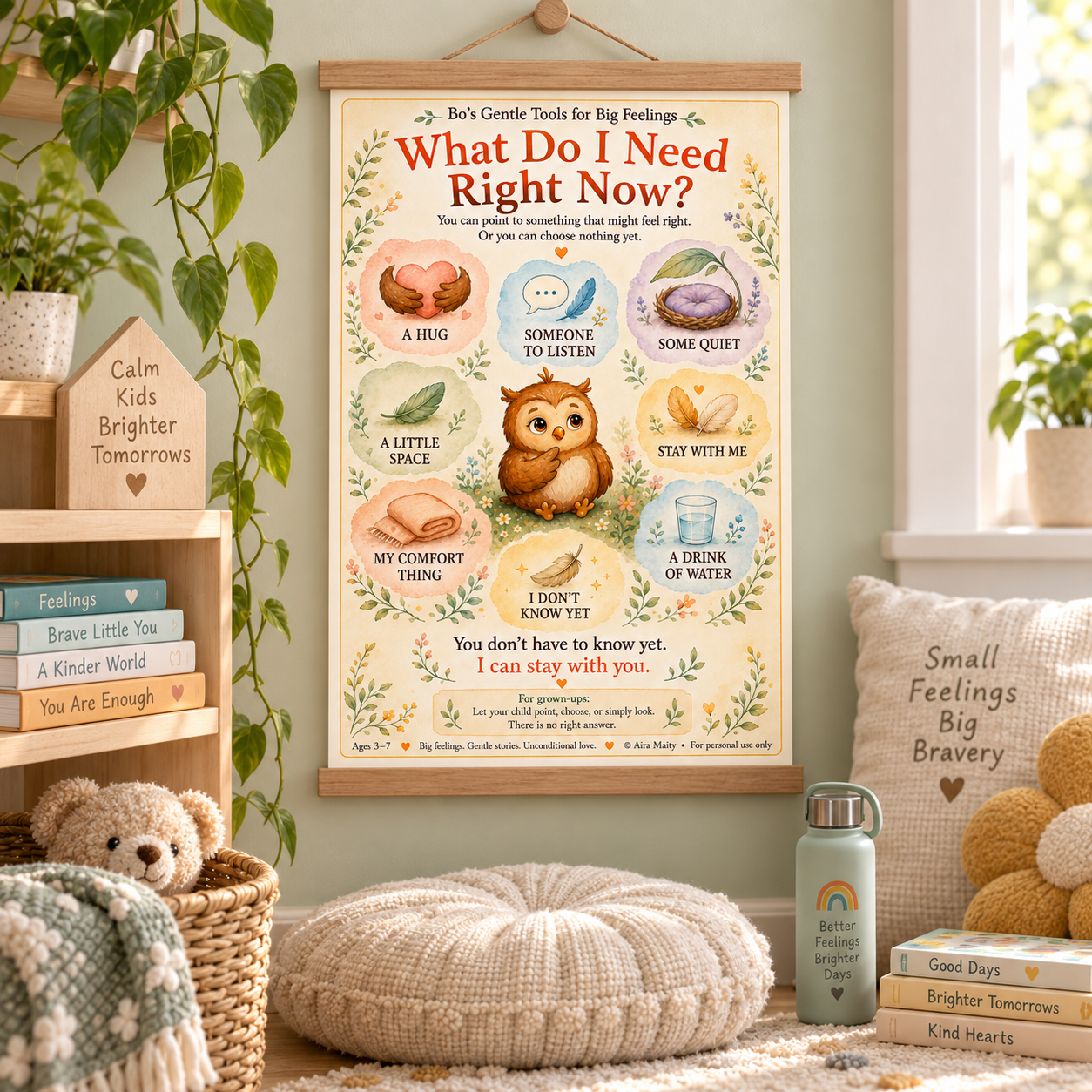 Preview of “What Do I Need Right Now?”, a gentle printable feelings-support card featuring Bo the Owl and visual choices including a hug, someone to listen, some quiet, a little space, staying together, a comfort item, water, and “I don’t know yet.”
