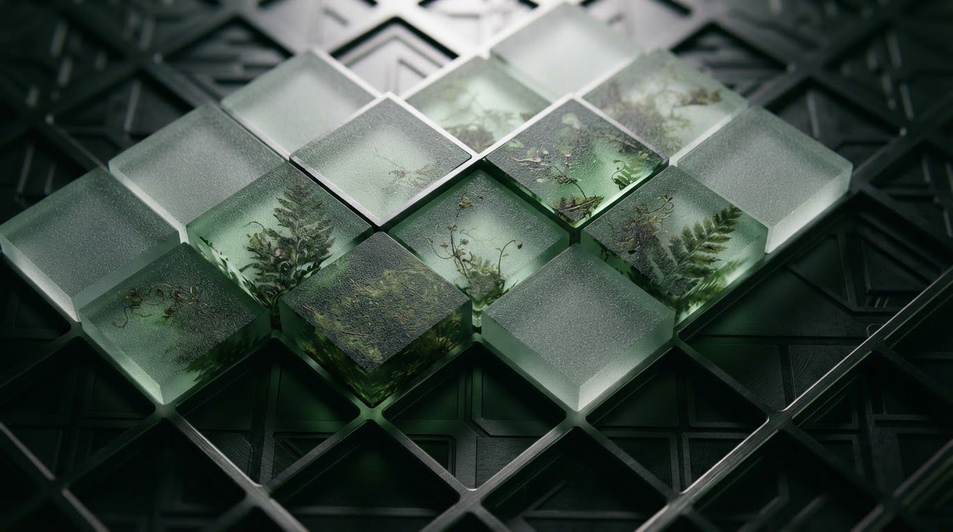 Geometric glass blocks interlocking on a precision grid, representing modular website construction
