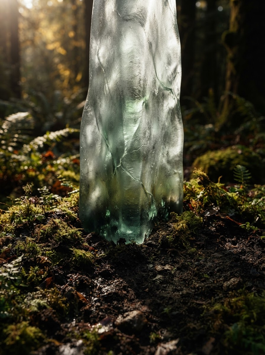 Translucent glass structure rising from fertile soil, representing digital growth architecture