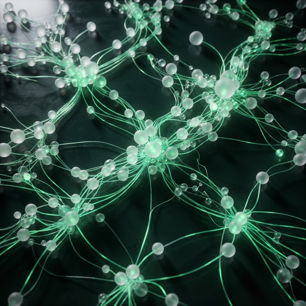 Interconnected glowing green nodes forming a network, representing customer engagement and lead flow