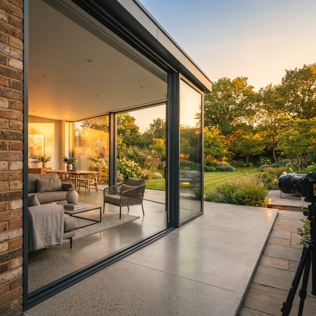 Premium slim-frame aluminium sliding doors opening an Essex home extension to a landscaped garden at golden hour