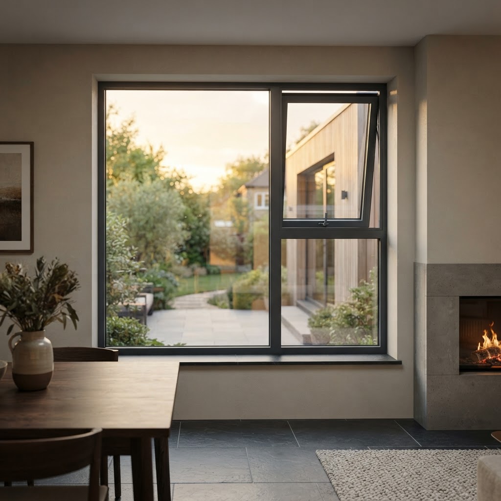 Premium slim-frame anthracite grey aluminium casement window in a modern home extension