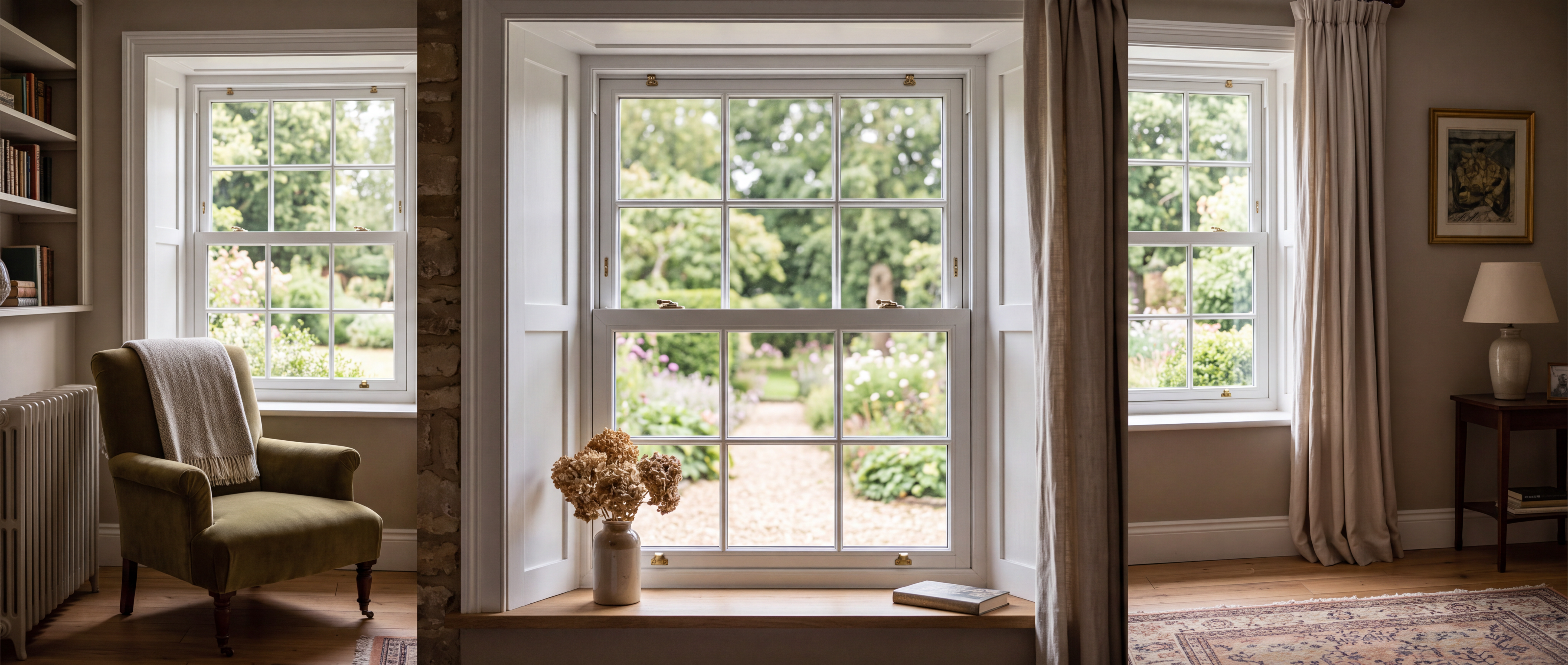 Heritage timber-look UPVC sash window with ultra-slim Fineo vacuum insulated glass and traditional Georgian bars
