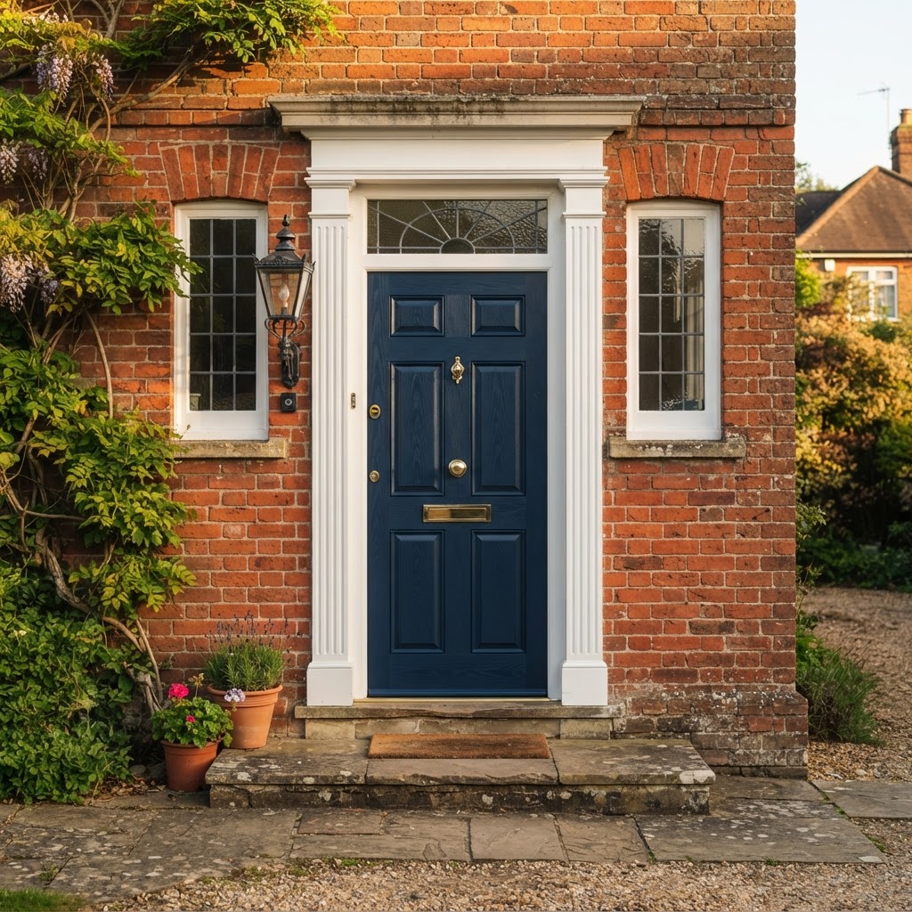 Premium UPVC composite front door with oak woodgrain timber-effect finish on an Essex period home