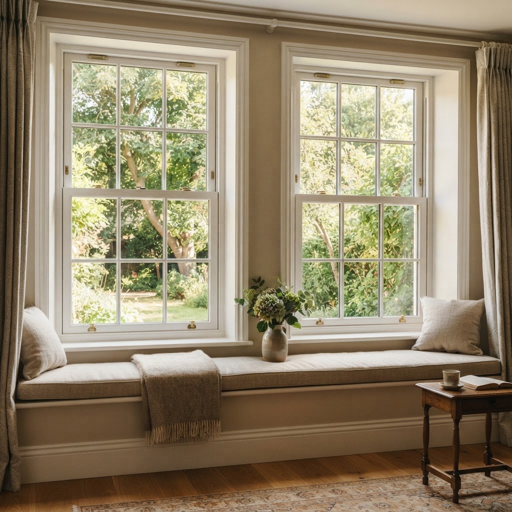 Premium UPVC vertical sliding sash windows with timber-effect woodgrain finish in a restored period Essex home