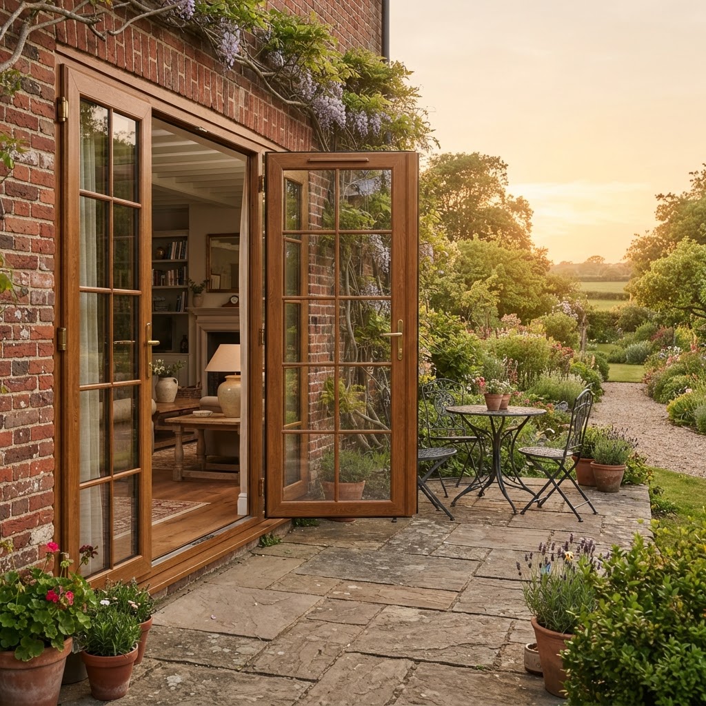 Elegant UPVC French doors with timber-effect woodgrain finish opening to a stone terrace