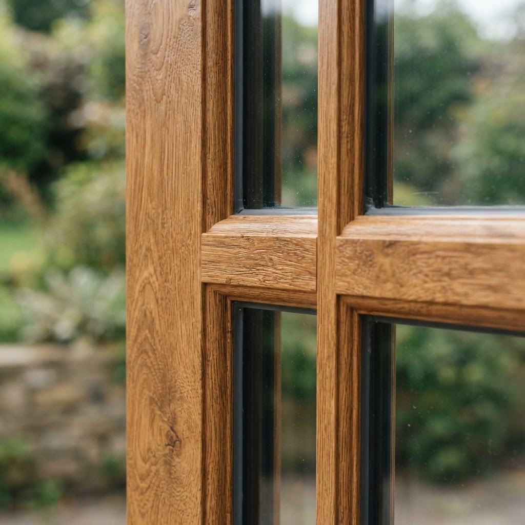 Macro close-up of a premium UPVC window frame showing authentic timber-effect woodgrain foil finish
