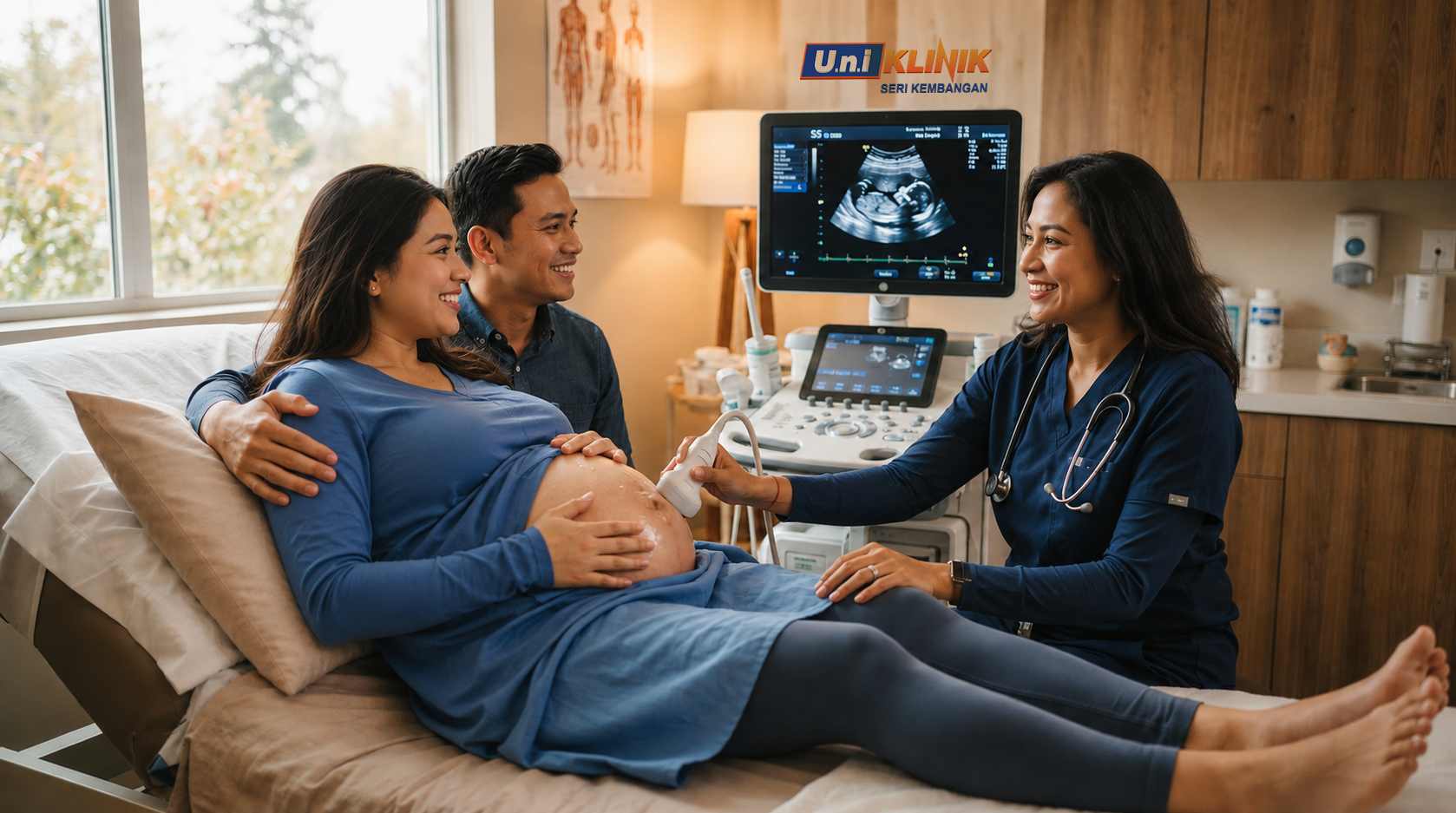 Caring doctor performing ultrasound scan for expecting mother
