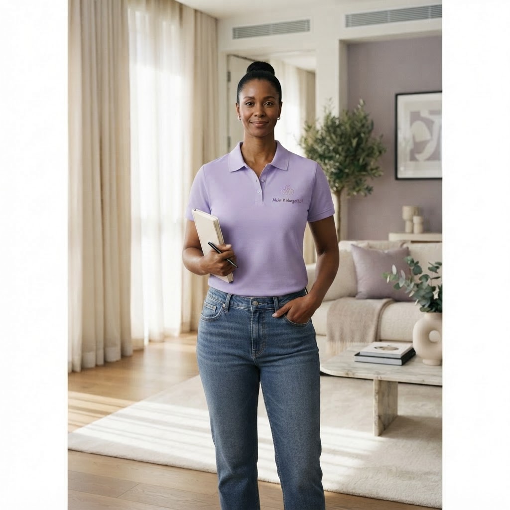 Feel-Good-Manager im lavendelfarbenen Polo mit Jeans in einem sonnendurchfluteten Wohnraum