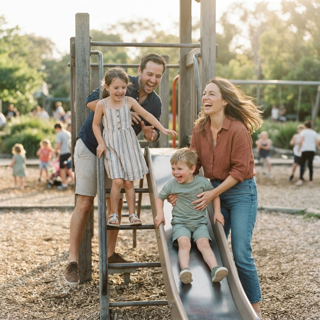 Familie mit Kindern auf dem Spielplatz