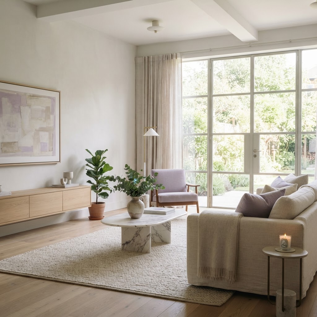 Helles, elegantes Wohnzimmer mit Tageslicht