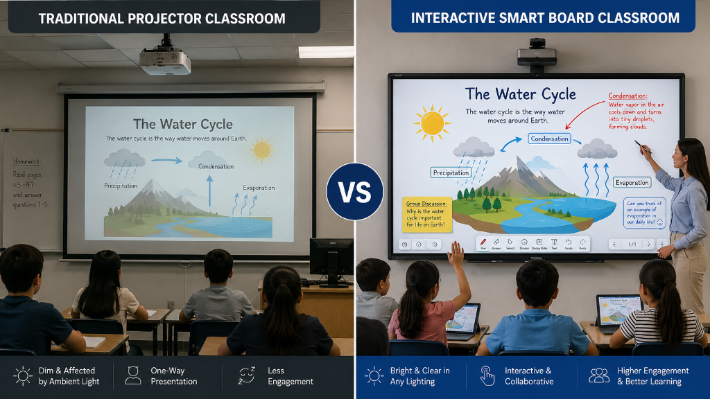 Side-by-side comparison of a traditional projector classroom and an interactive smart board classroom