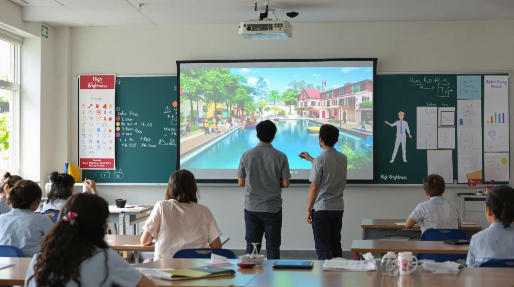 Traditional projector classroom with a dim, washed-out projected image