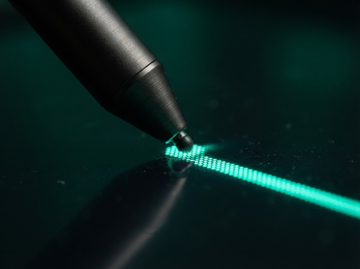 Stylus touching the glass with luminous pixel response