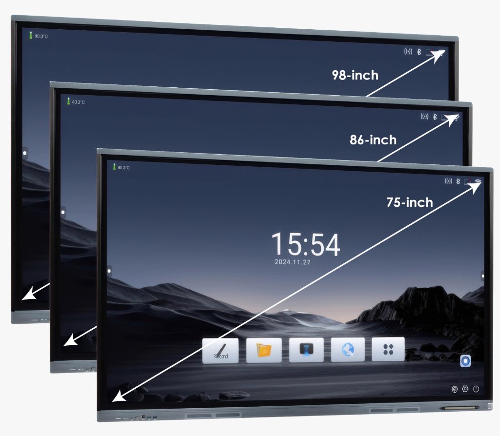 Muju Smart education solution showing 75, 86 and 98 inch interactive smart boards