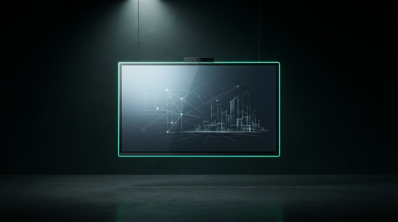 Interactive smart board floating in a dark studio