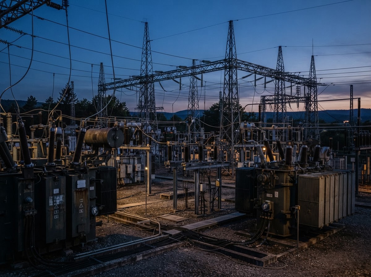 Critical electrical infrastructure at dusk