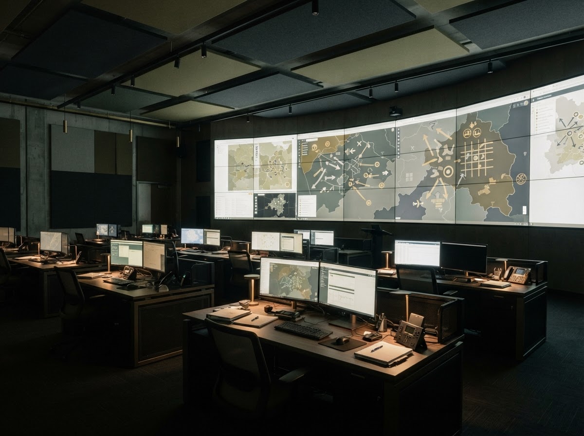 An emergency coordination room with illustrative displays