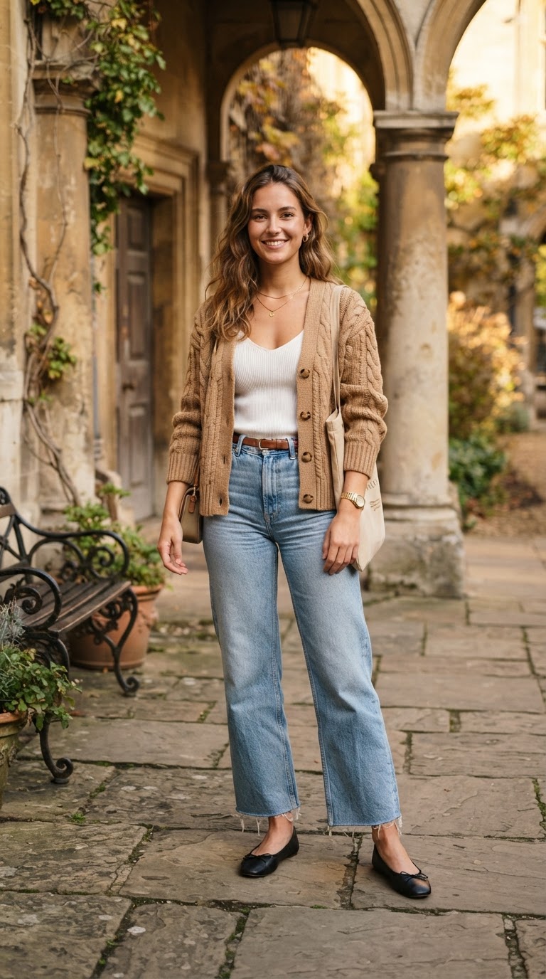 Camel Knit Cardigan + Wide-Leg Jeans