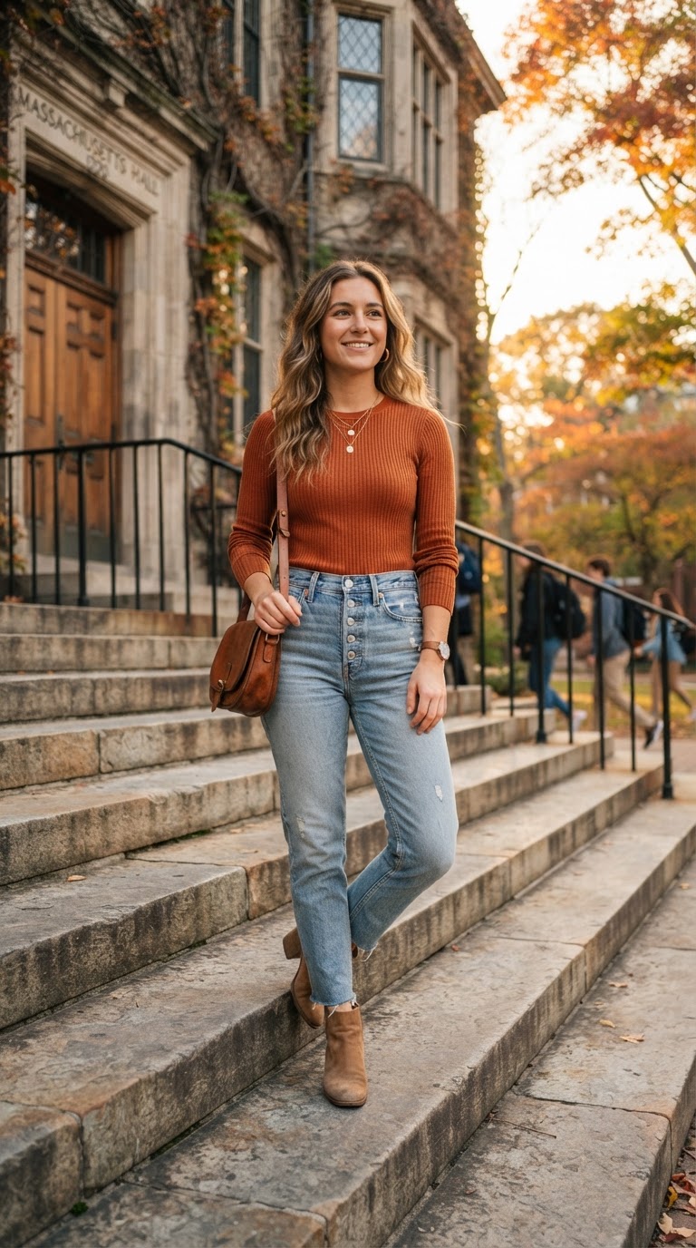 Rust Ribbed Top + High-Waisted Jeans