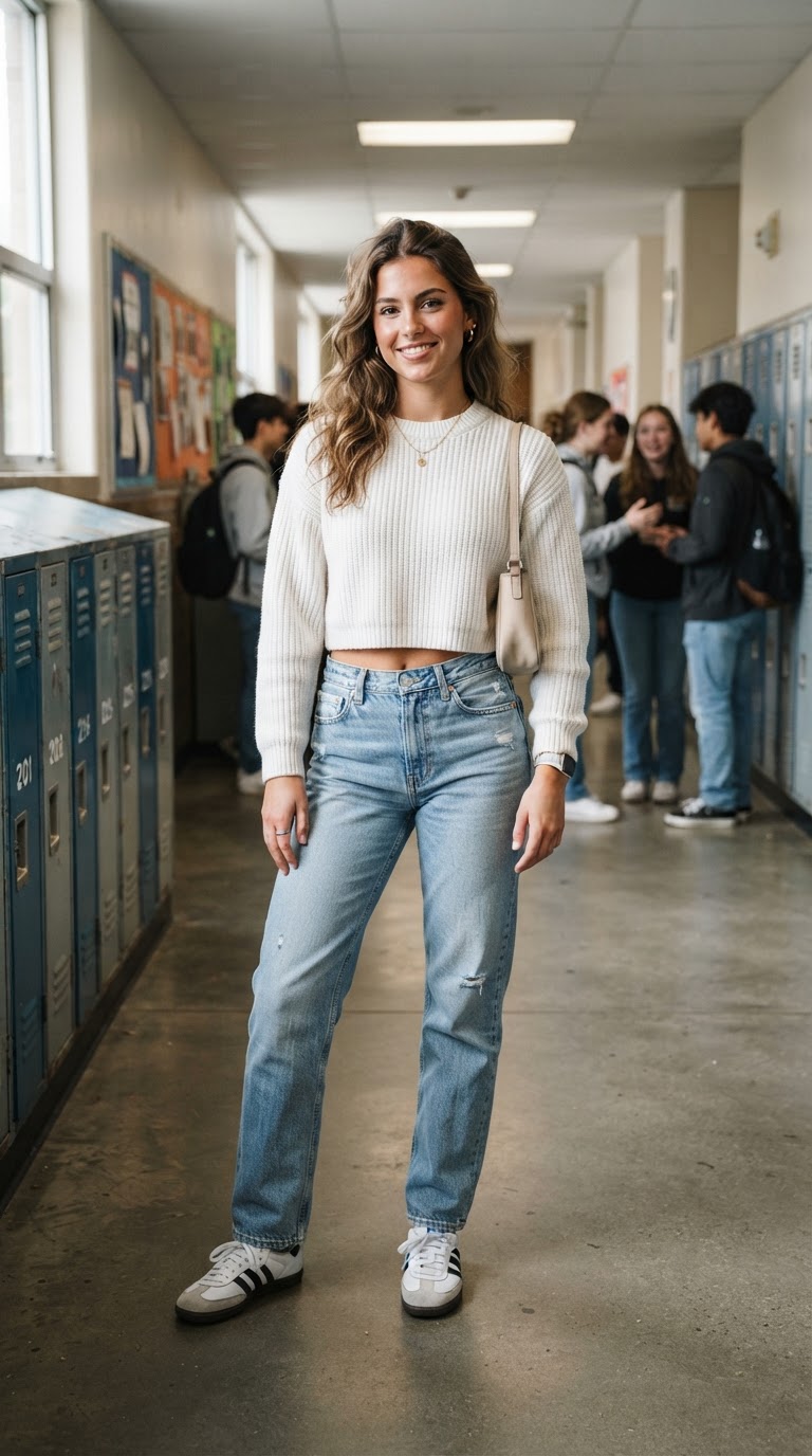 White Cropped Sweater + Light Blue Jeans