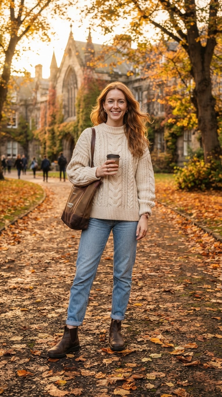 Cream Cable Knit Sweater + Tapered Jeans