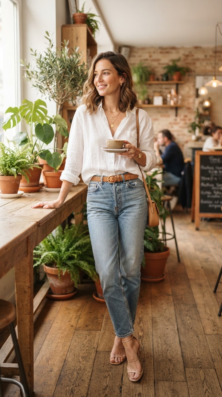 Blue washed jeans outfit idea — Effortless White Button-Down