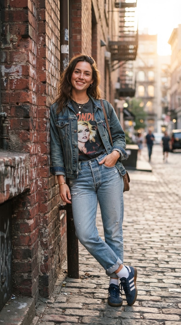 Blue washed jeans outfit idea — Double Denim Done Right