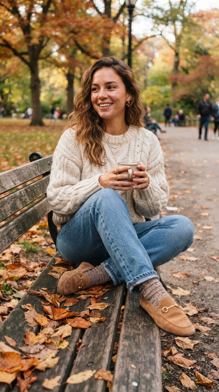 Blue washed jeans outfit idea — Cozy Knit Sweater for Cooler Days