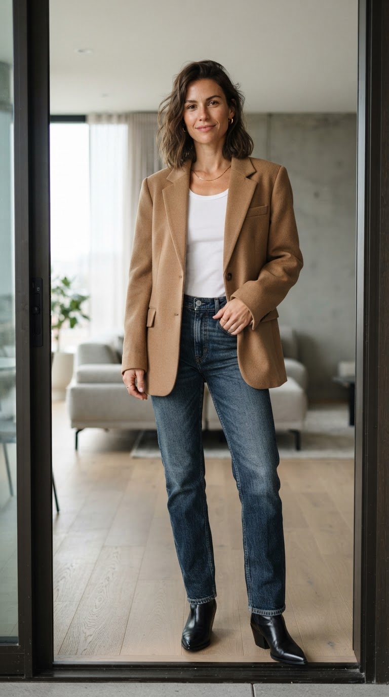 Blue washed jeans outfit idea — Oversized Blazer with Dark Blue Washed Jeans