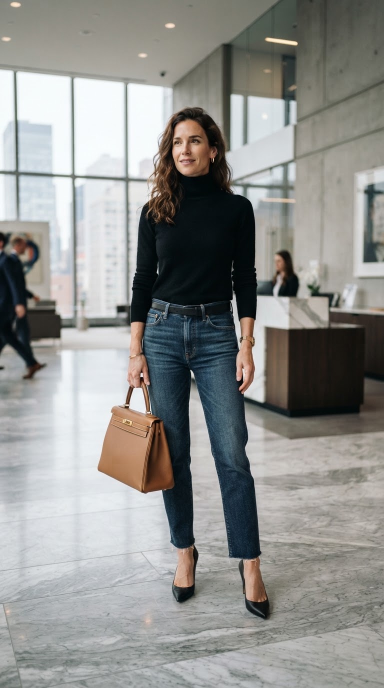 Blue washed jeans outfit idea — Sleek Black Turtleneck